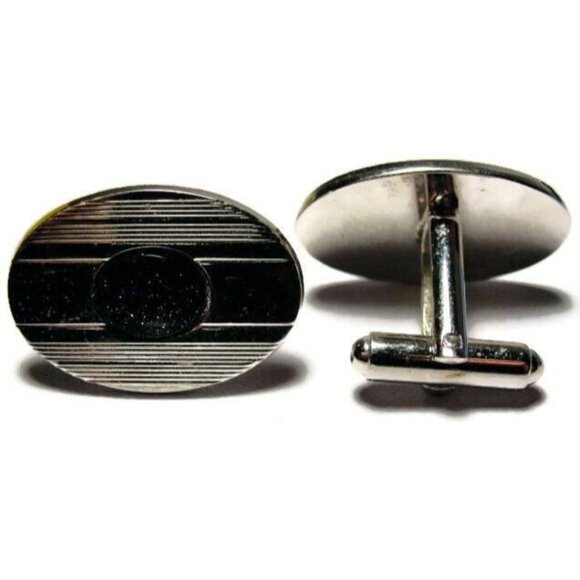 Vintage Shields Purple Silver Tone Etched Oval Cufflinks Tux Shirt Dress Suit - Picture 5 of 8